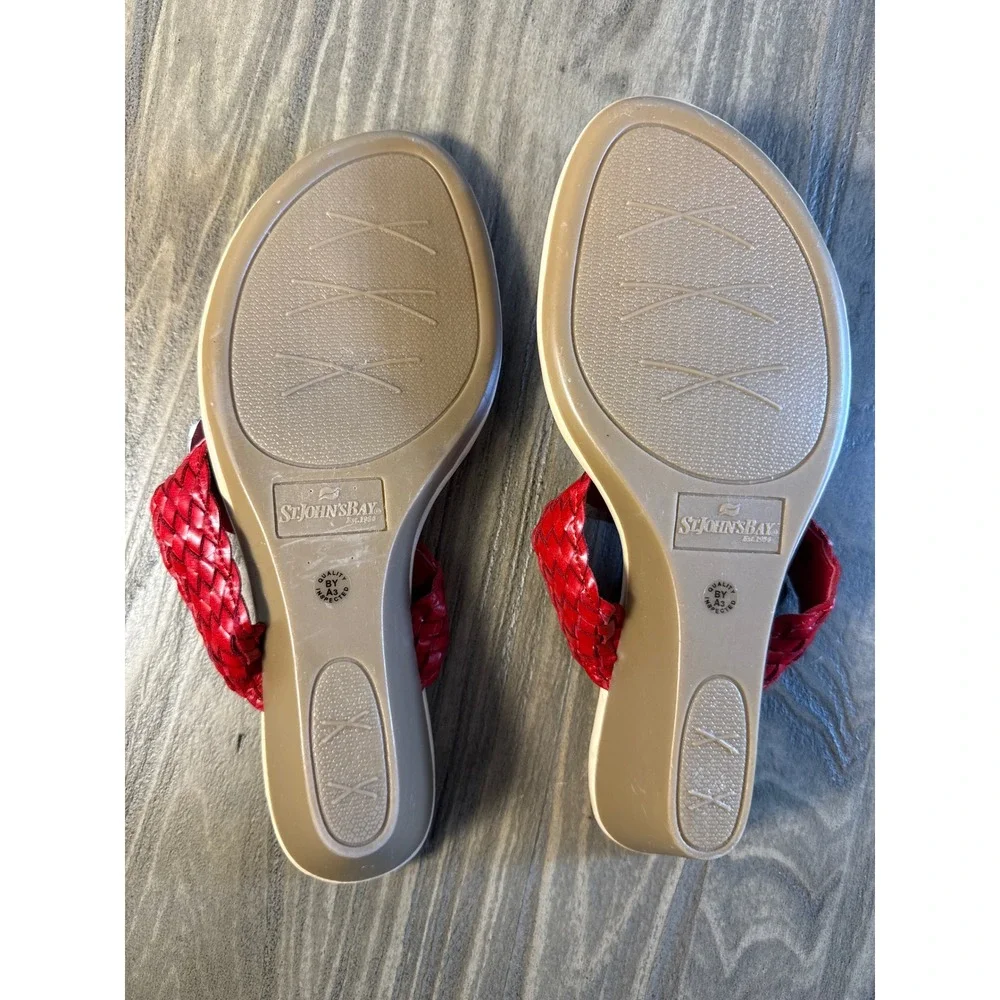 St. John's Bay Wedge Sandals Women 6 Red Braided Thong Silver Ring 19963-8‎